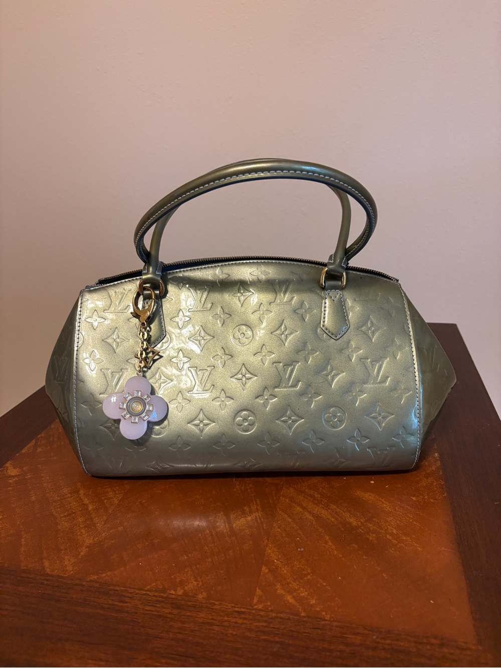 Louis Vuitton Metallic Sage Green Monogram Shoulder Bag with Flower Charm